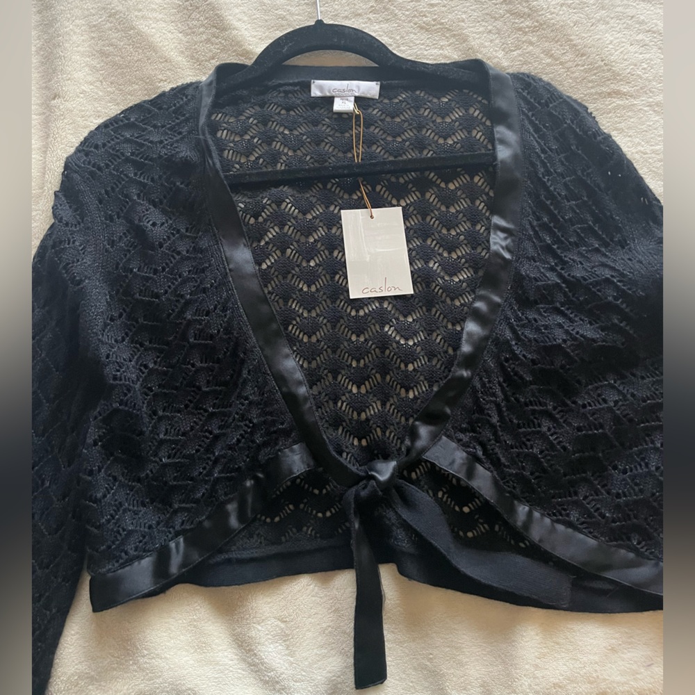 Caslon, black woven short wrap sweater trimmed in satin.